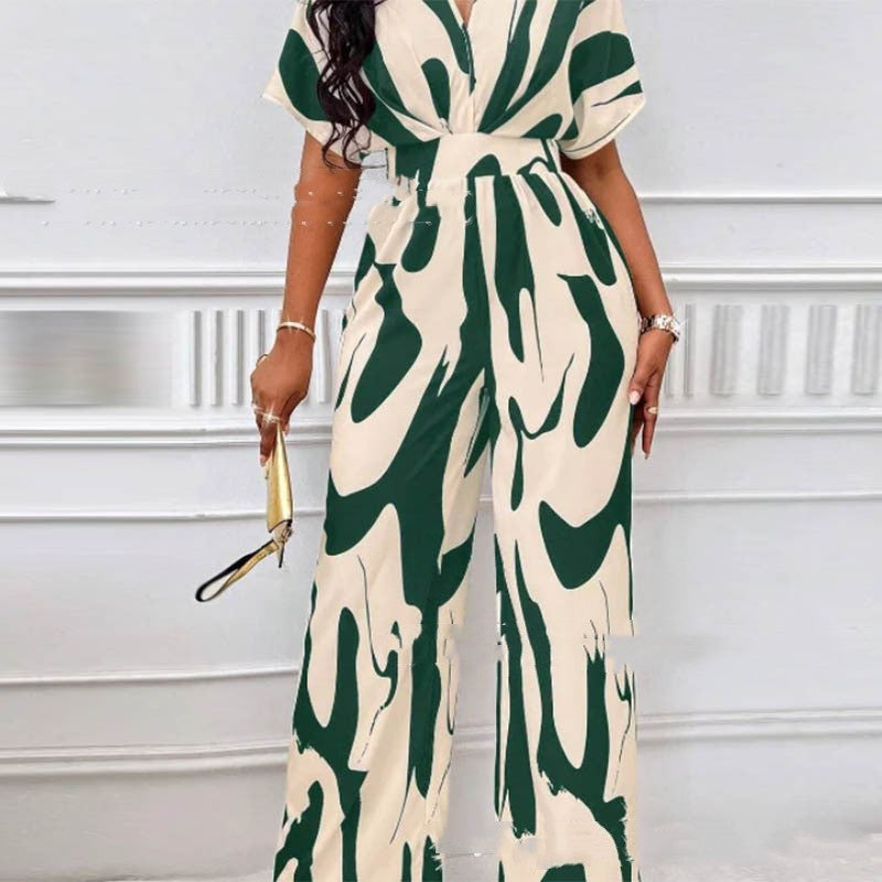 V-Neck Loose Printed Long Jumpsuit - Authentifactor